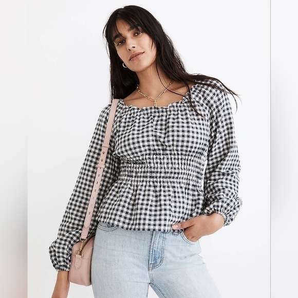 Madewell Sophia Top in Textured Windowpane Navy Check Size Small - Picture 1 of 8